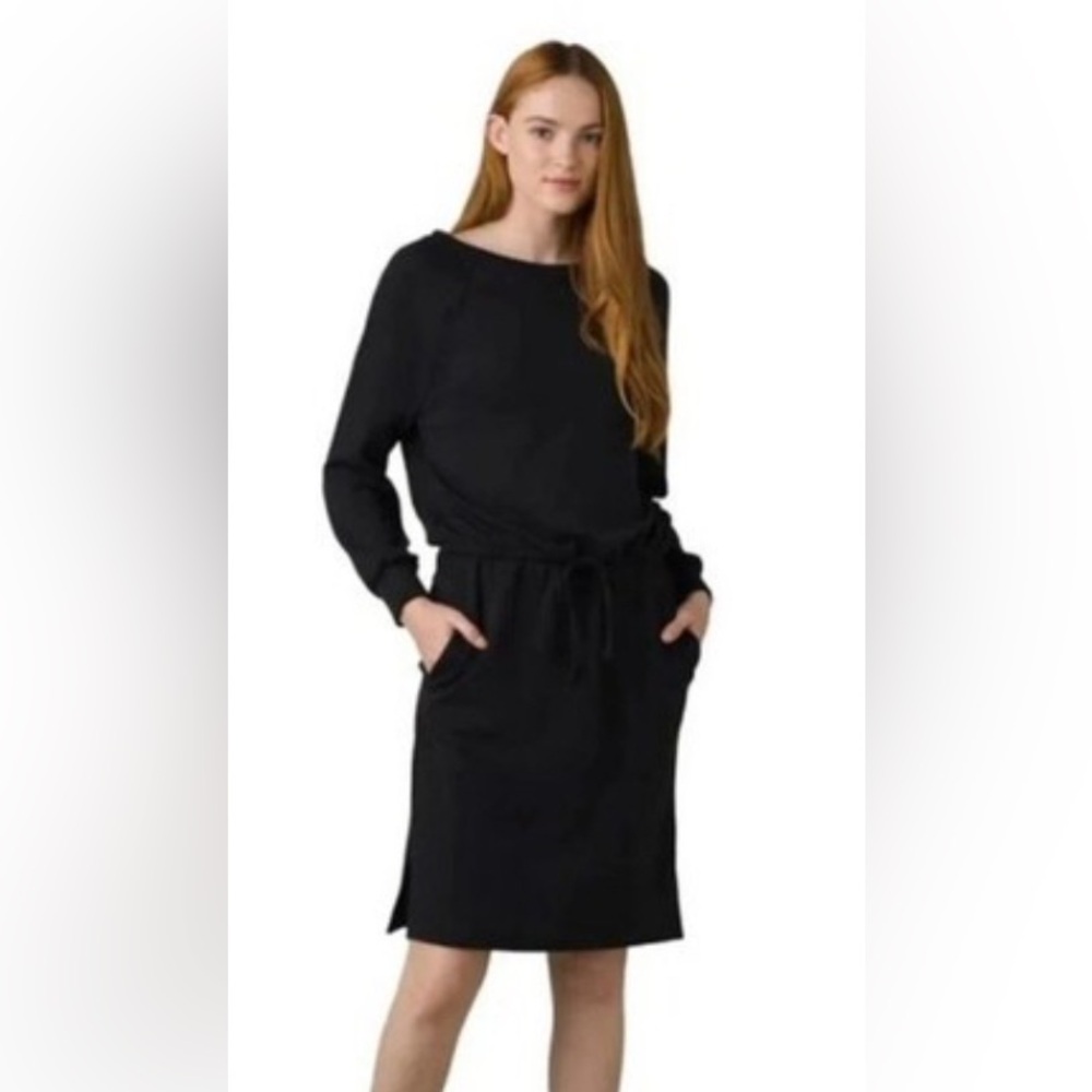 prAna Sunrise Midi Dress Black Long Sleeve Drawstring Waist Size Small